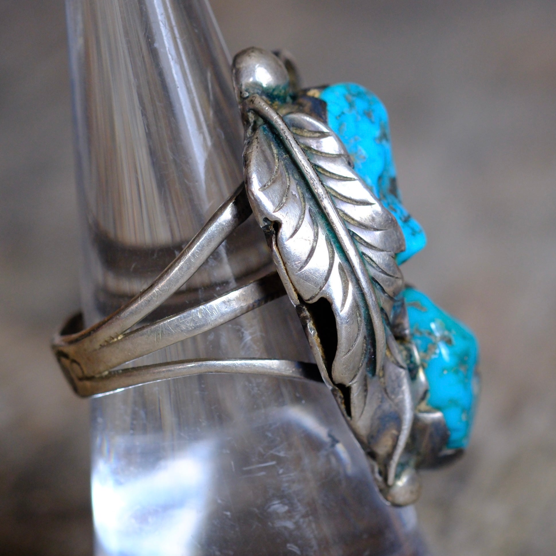 Vintage Sterling 2-Stone Turquoise Feather Ring 7.5