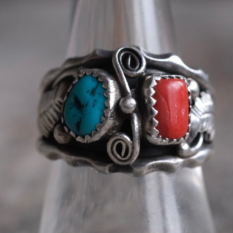 Vintage Sterling Turquoise and Coral Ring 8.5