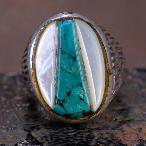 Vintage Sterling Zuni Inlay Textured Ring 9