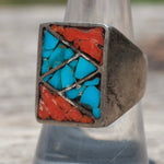 Vintage Sterling Turquoise and Coral Inlay Ring 8