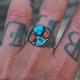 Vintage Sterling Turquoise and Coral Ribbed Band Ring 10.5
