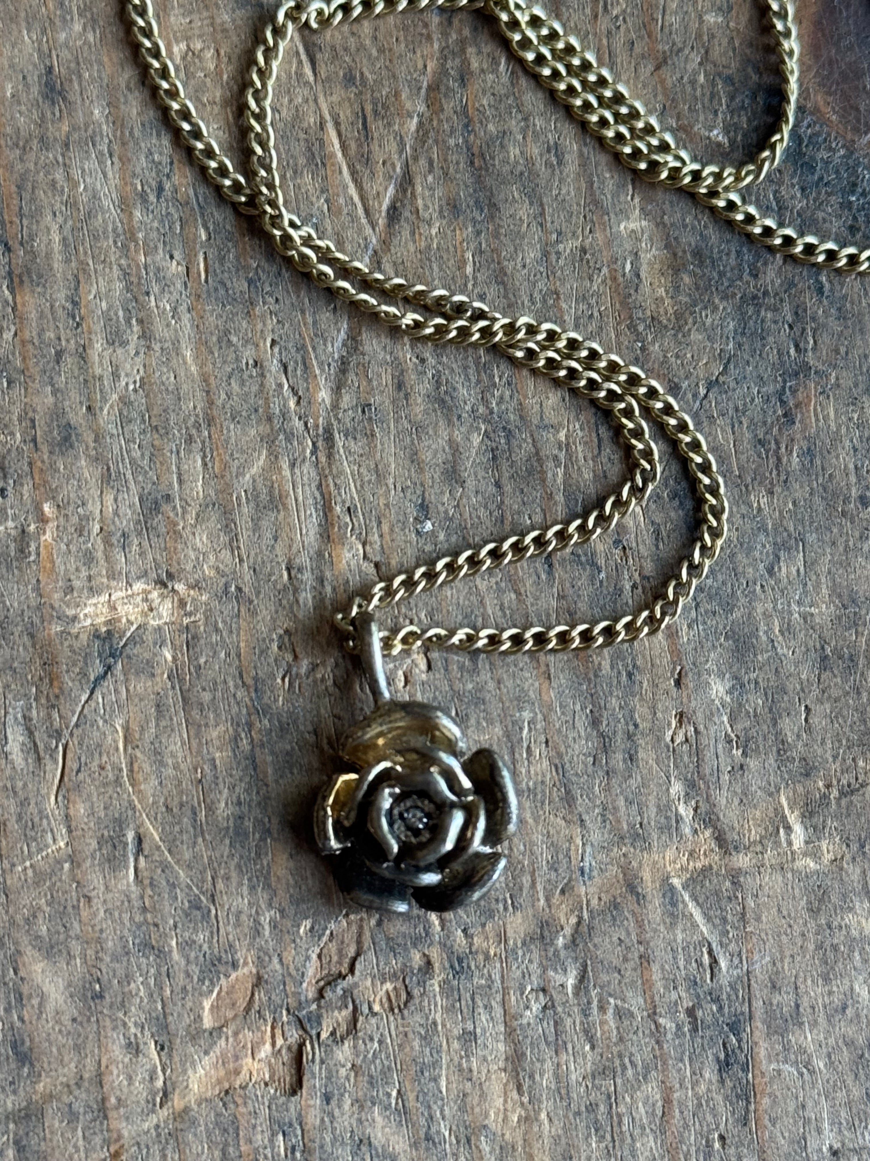 Vintage Sterling Silver Gold Tone Rose & CZ Necklace