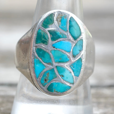 Vintage Sterling Turquoise Inlay Fish Scale Ring 10.5