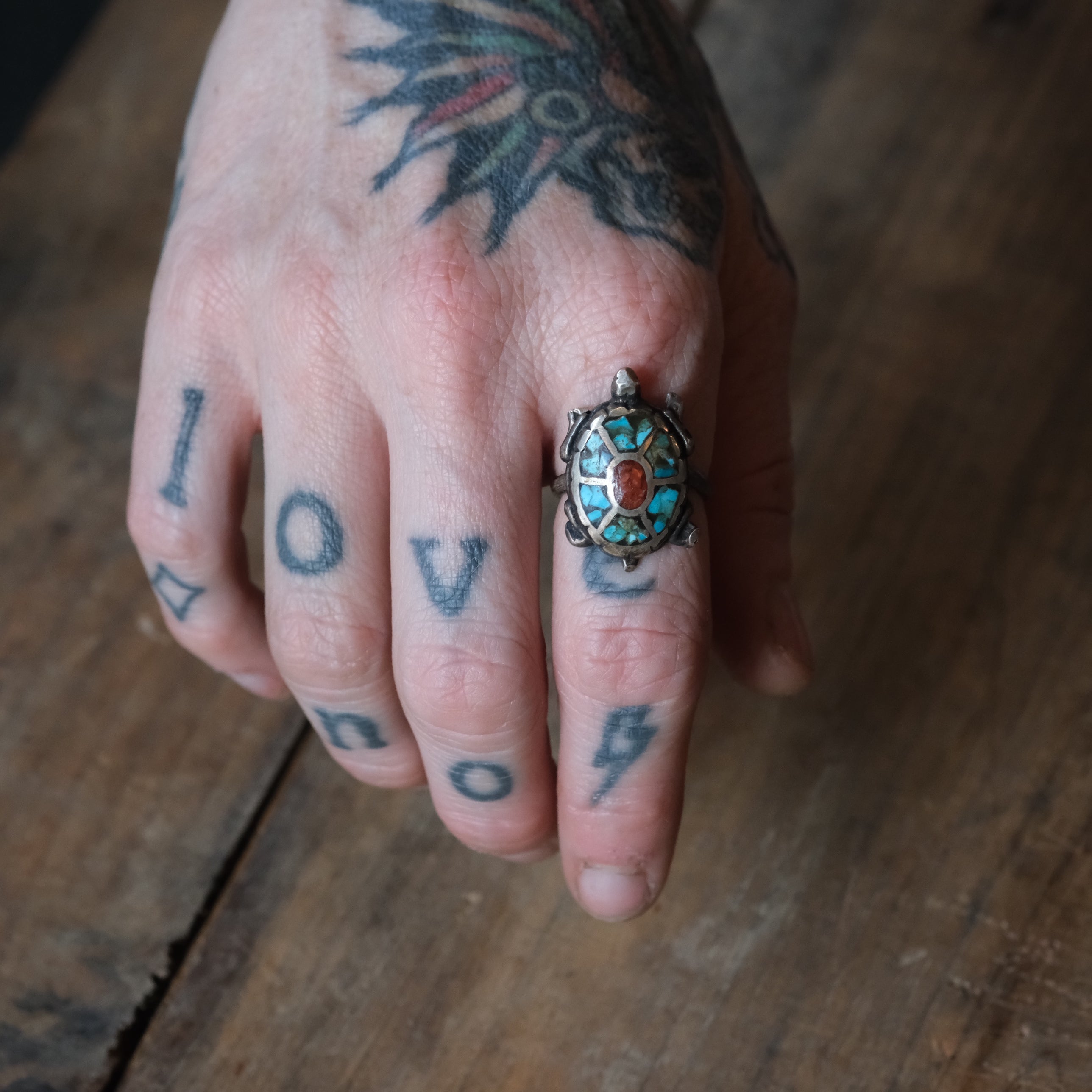 Vintage Sterling Turquoise and Coral Inlay Turtle Ring 7.25