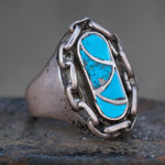 Vintage Sterling Turquoise Inlay Chain Ring 10
