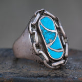 Vintage Sterling Turquoise Inlay Chain Ring 10