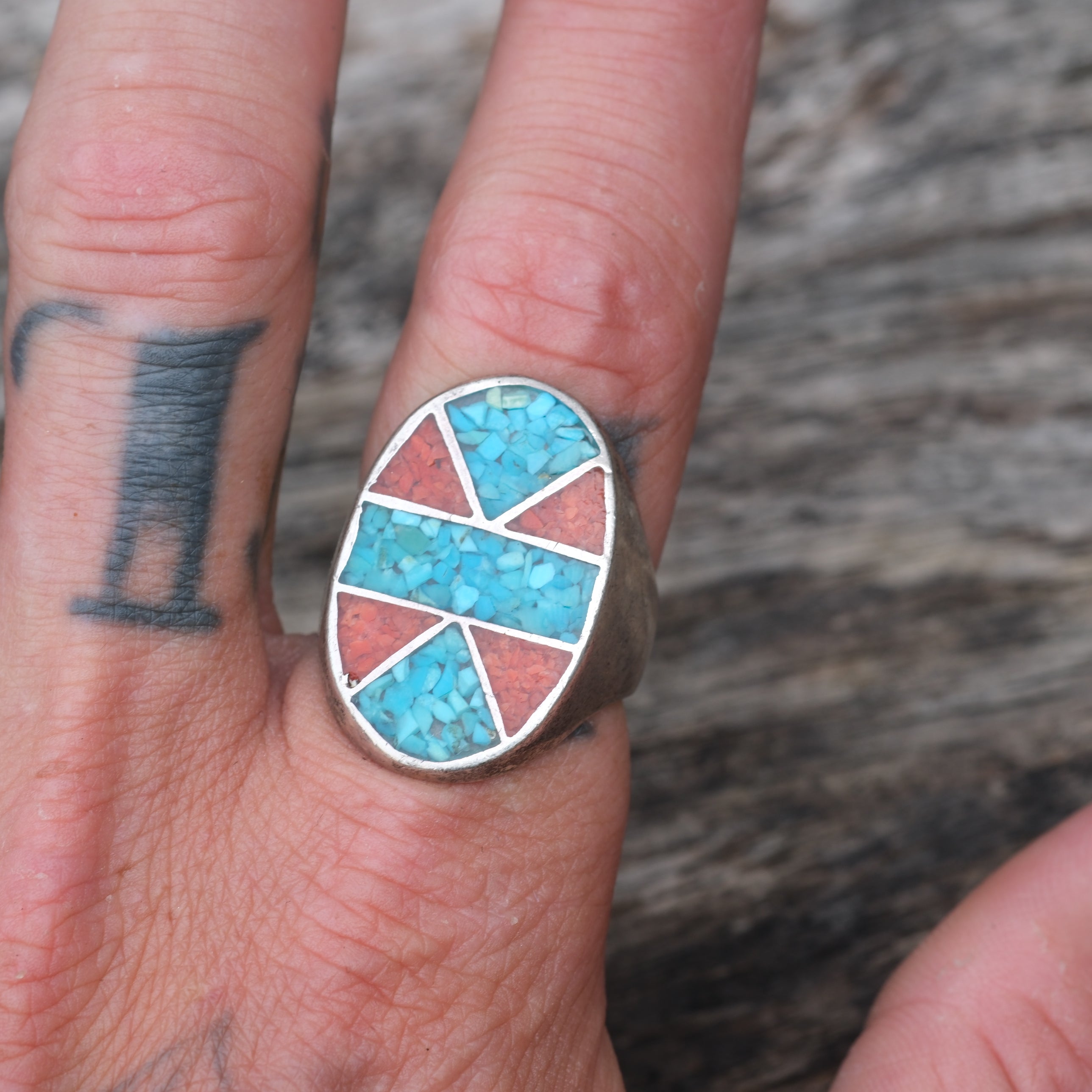 Vintage Sterling Turquoise and Coral Inlay Ring 9.75