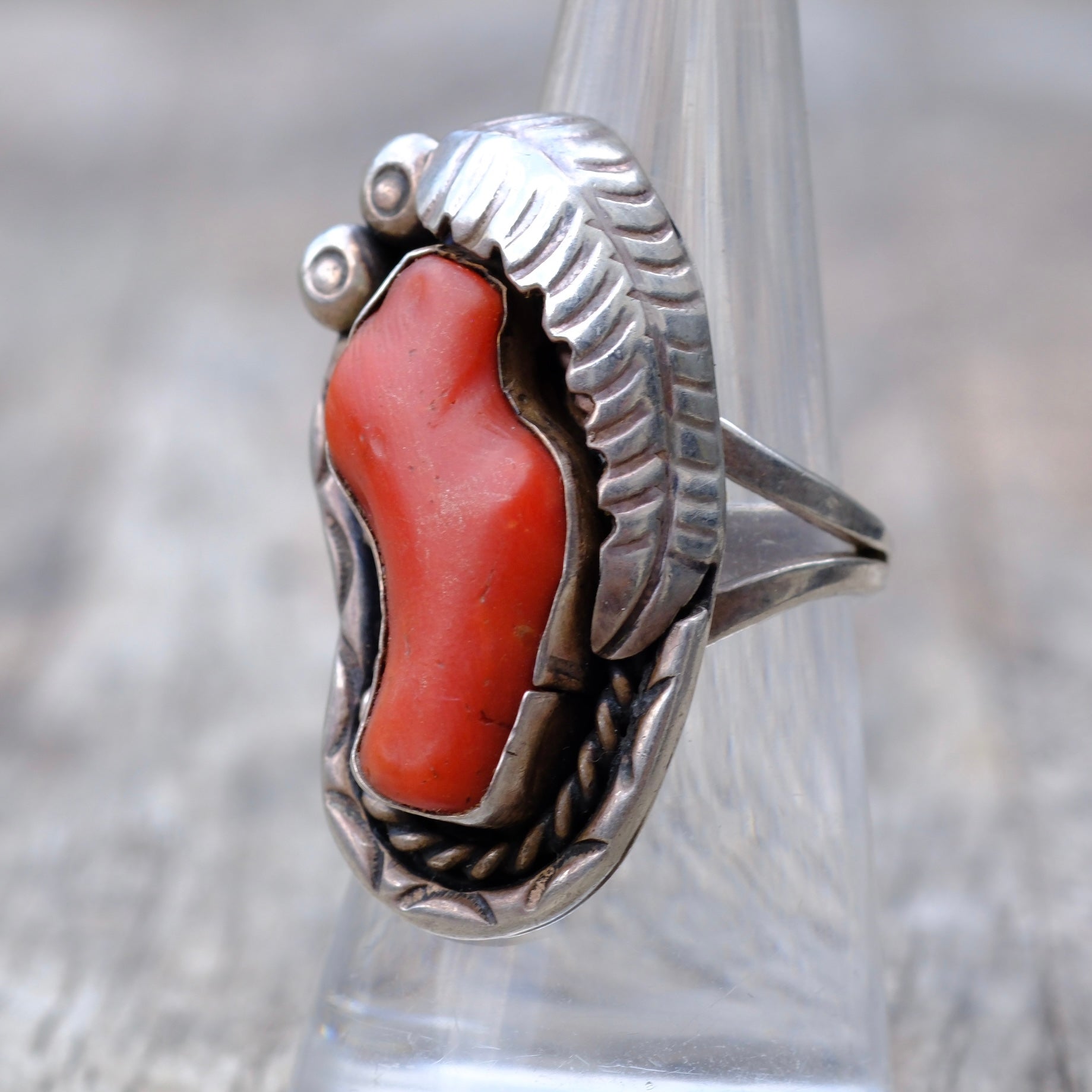 Vintage Sterling Silver Chunky Coral Leaf Ring 6.75