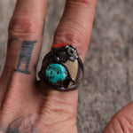 Vintage Sterling Turquoise and Coral Fox Claw Ring 12.25