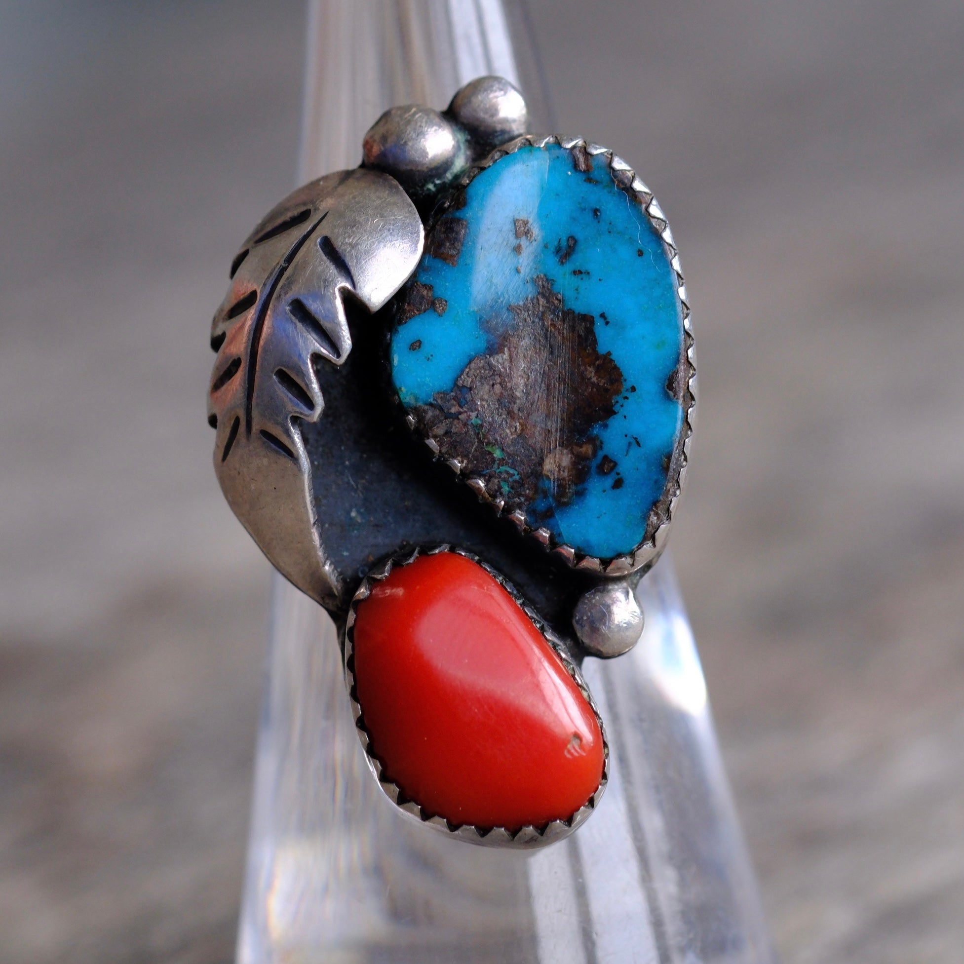 Vintage Sterling Turquoise and Coral Feather Ring 5.5