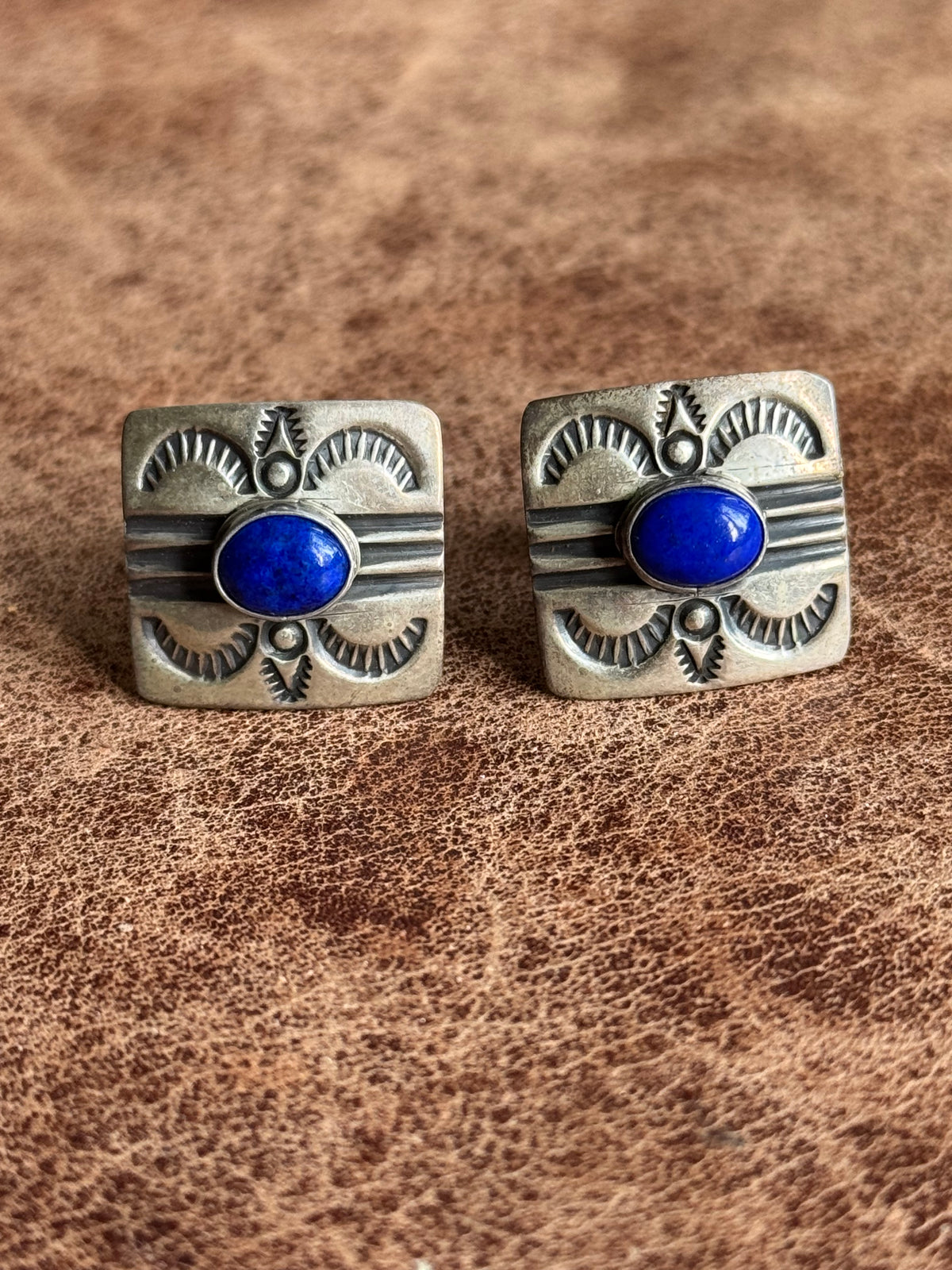 Vintage Sterling Silver Stamped Lapis Square Cufflinks