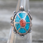 Vintage Sterling Turquoise and Coral Turtle Ring 5