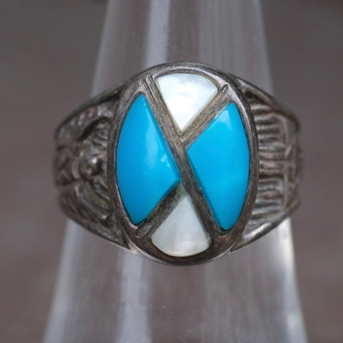 Vintage Sterling Turquoise and Mother Of Pearl Thunderbird Zia Ring 7.5