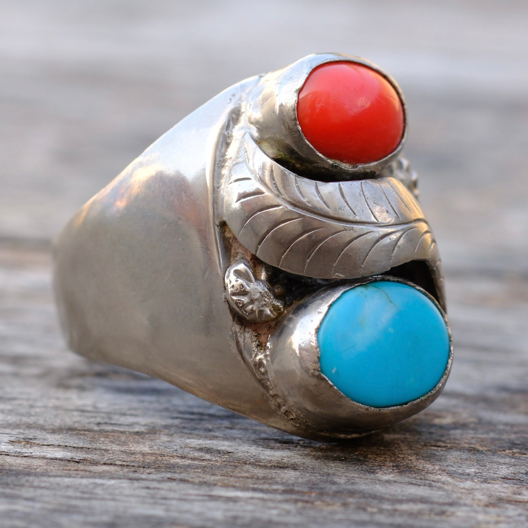Vintage Sterling Turquoise and Coral Ring 11.5