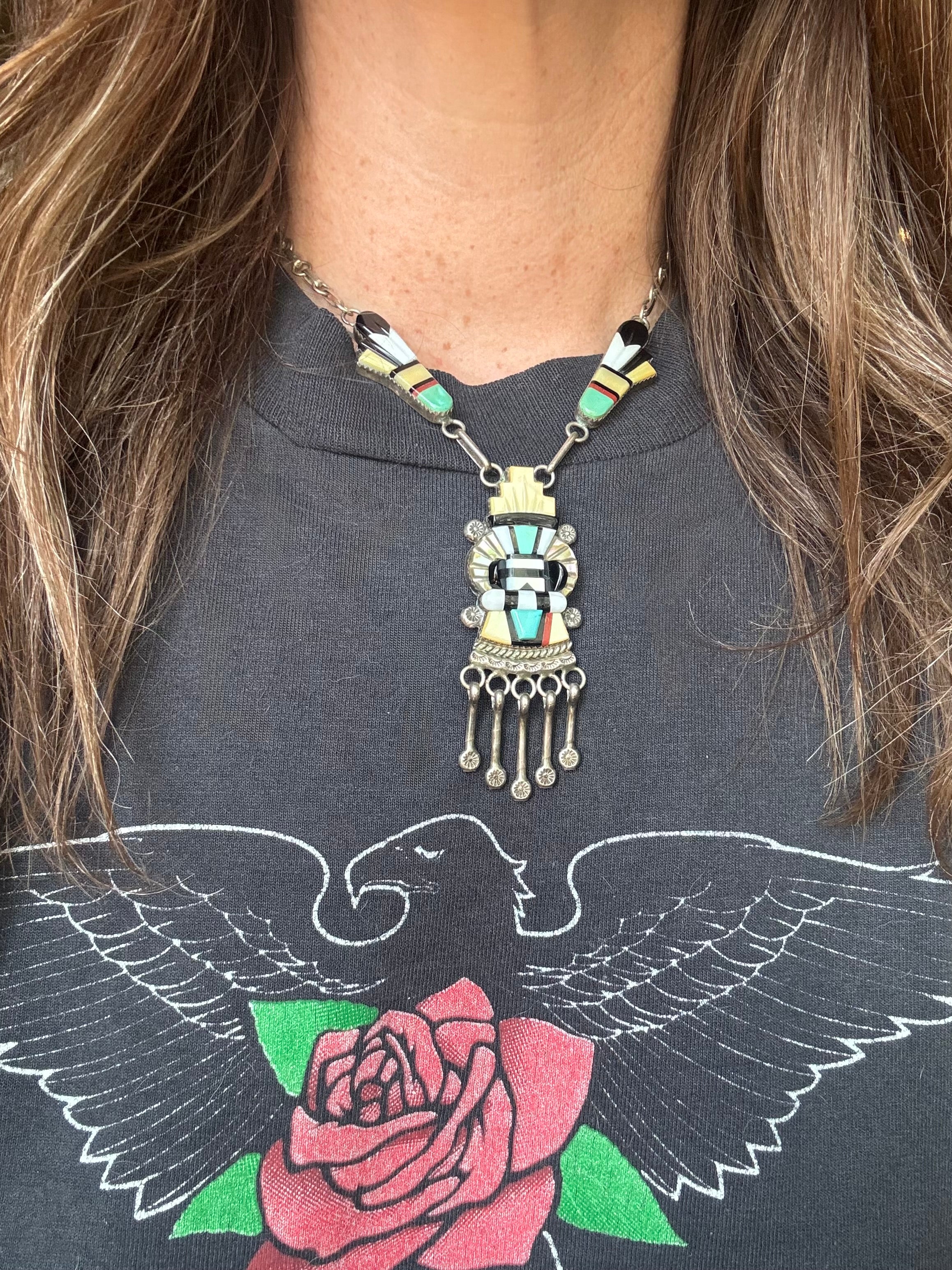 Vintage Sterling Silver Multistone Inlay DEWA Zuni Necklace