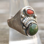 Vintage Sterling Turquoise and Coral Feather Ring 9.5