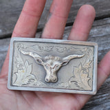 Vintage Long Horn Engraved Belt Buckle