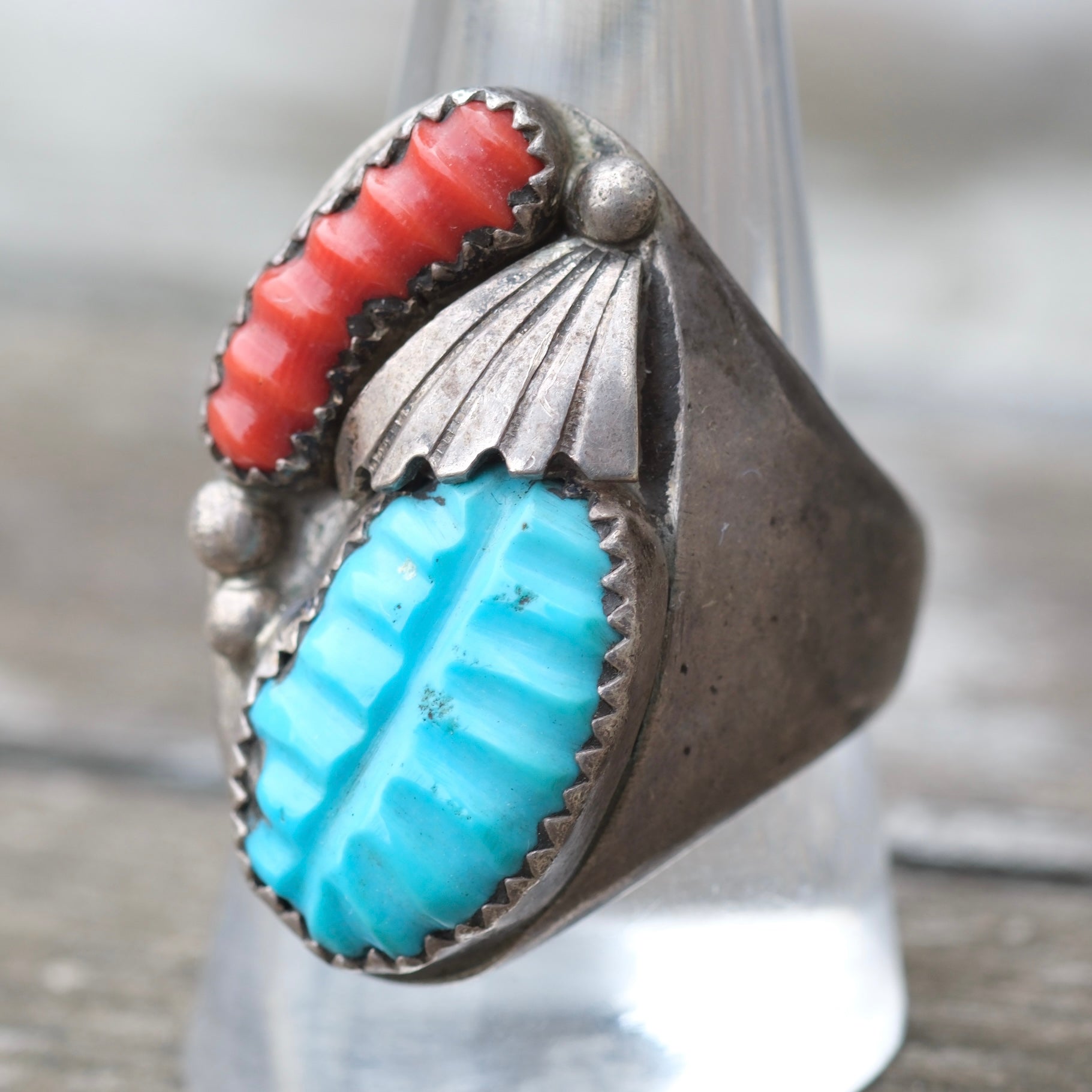 Vintage Sterling Faceted Turquoise and Coral Ring 11