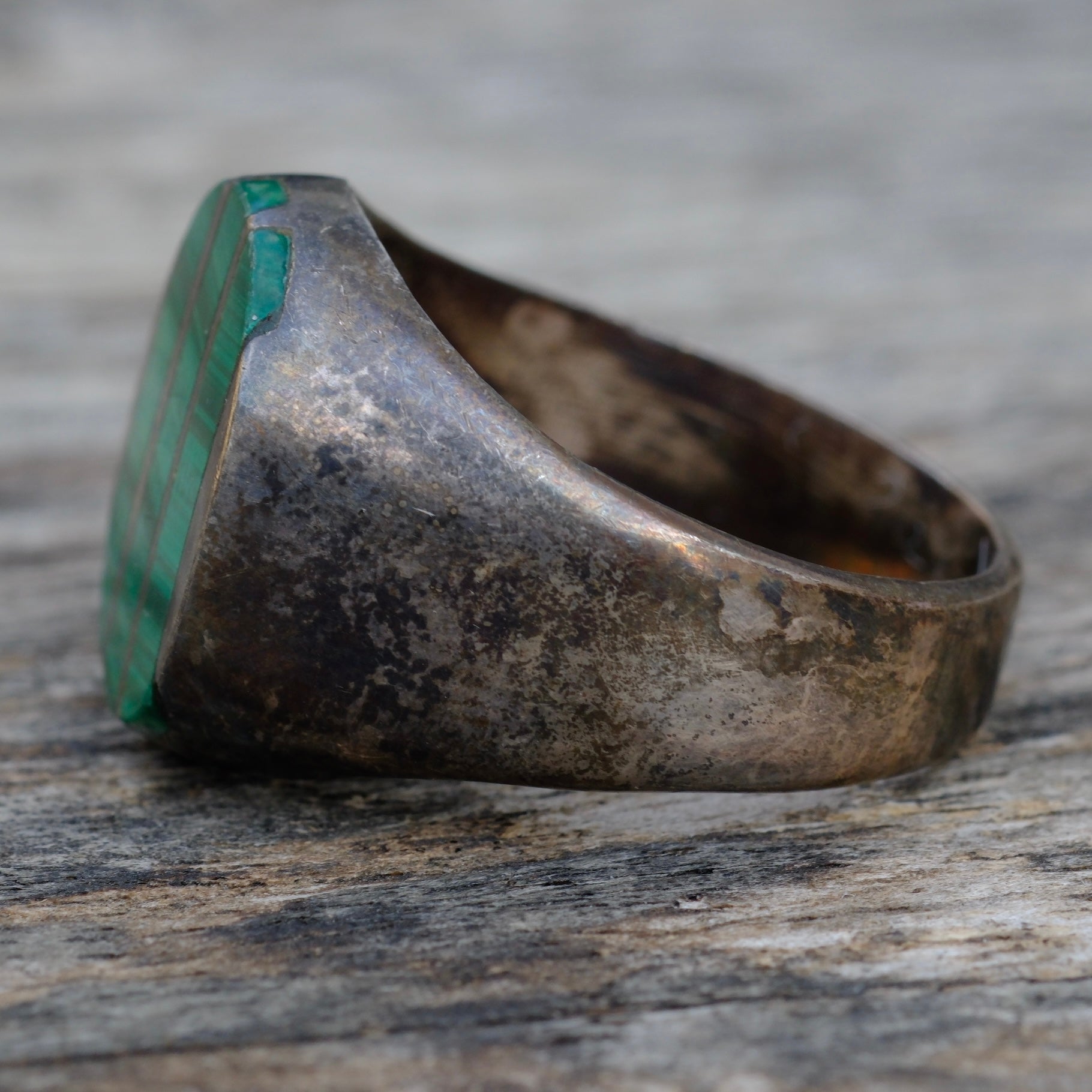 Vintage Sterling Malachite Inlay Striper Ring 13.25