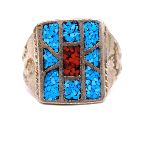 Vintage Sterling Turquoise and Coral Inlay Ring 9.5