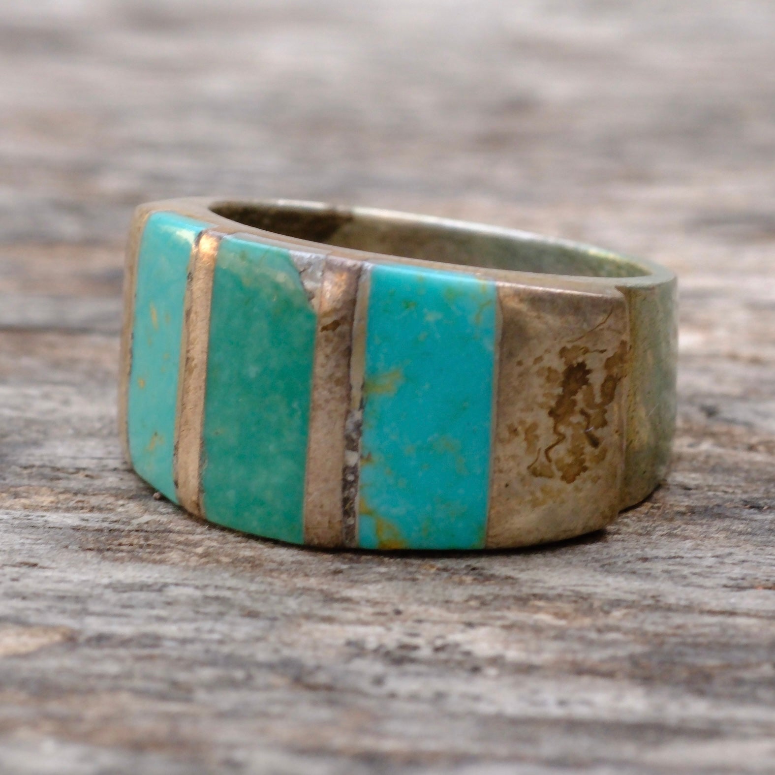 Vintage Sterling Thick Turquoise Inlay Band Ring 8