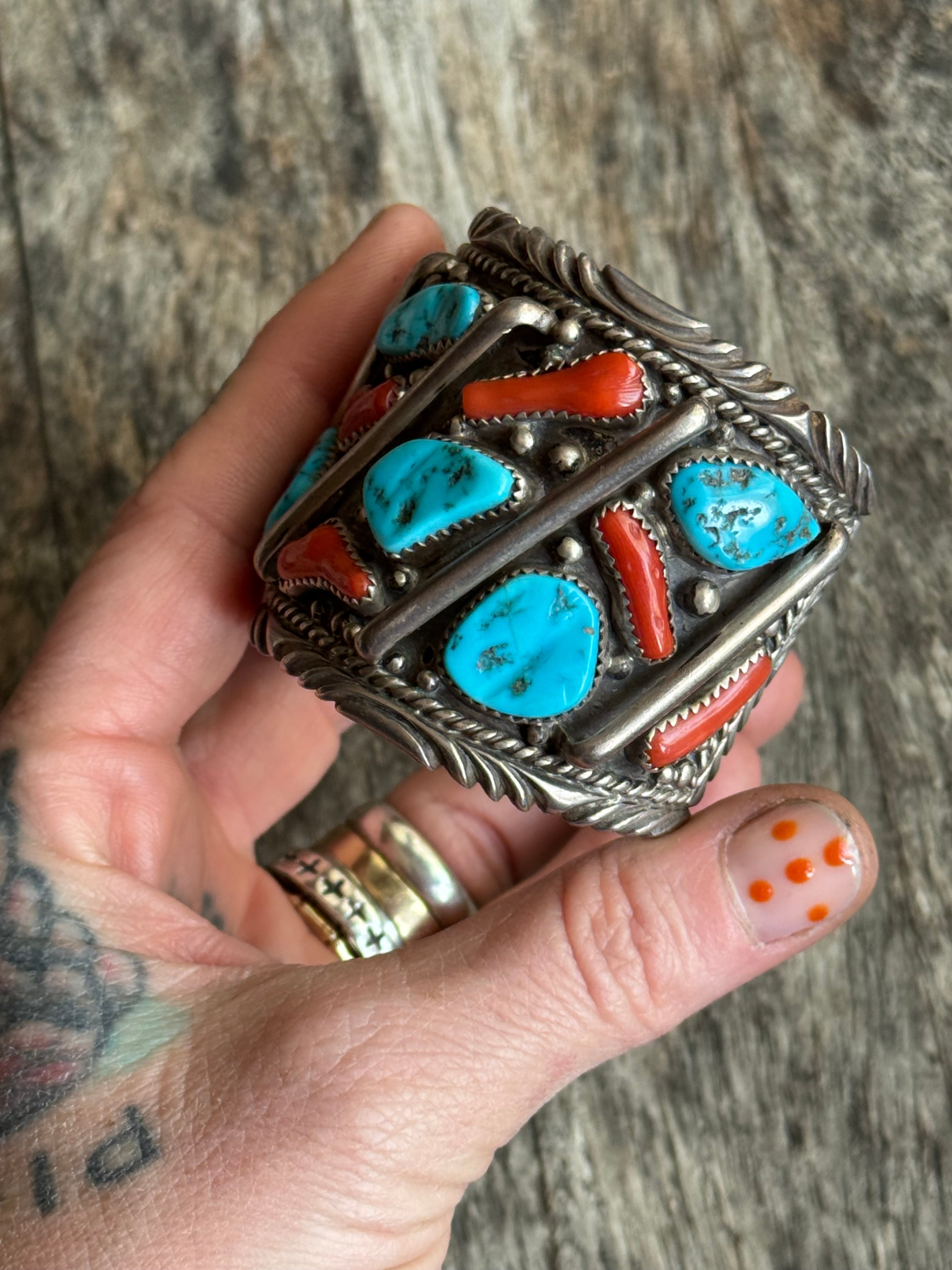Vintage Sterling Silver Heavy Turquoise & Coral Roped Bar Cuff