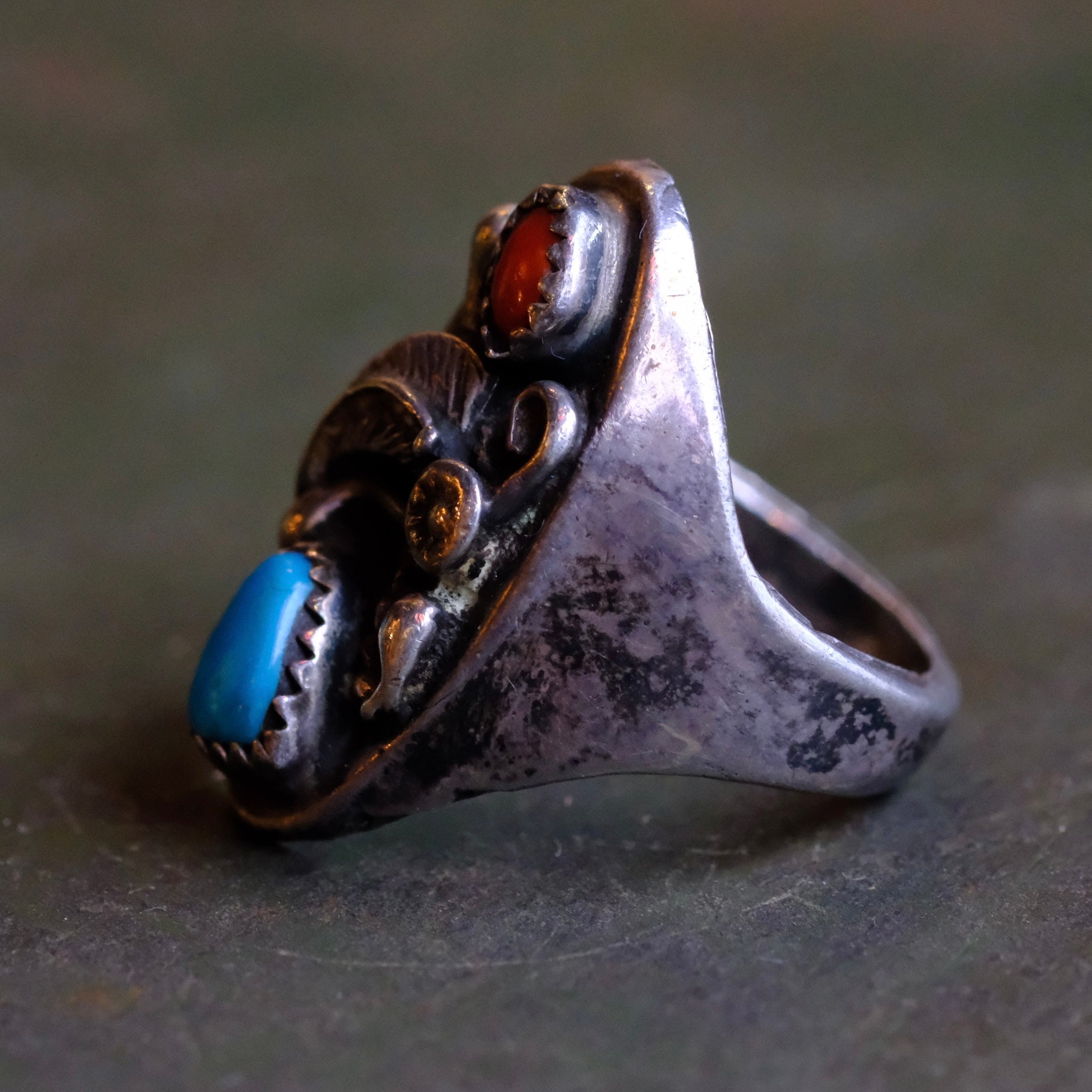 Vintage Sterling Turquoise and Coral Feather Ring 8