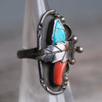 Vintage Sterling Turquoise and Coral Feather Ring 5.25