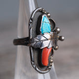 Vintage Sterling Turquoise and Coral Feather Ring 5.25