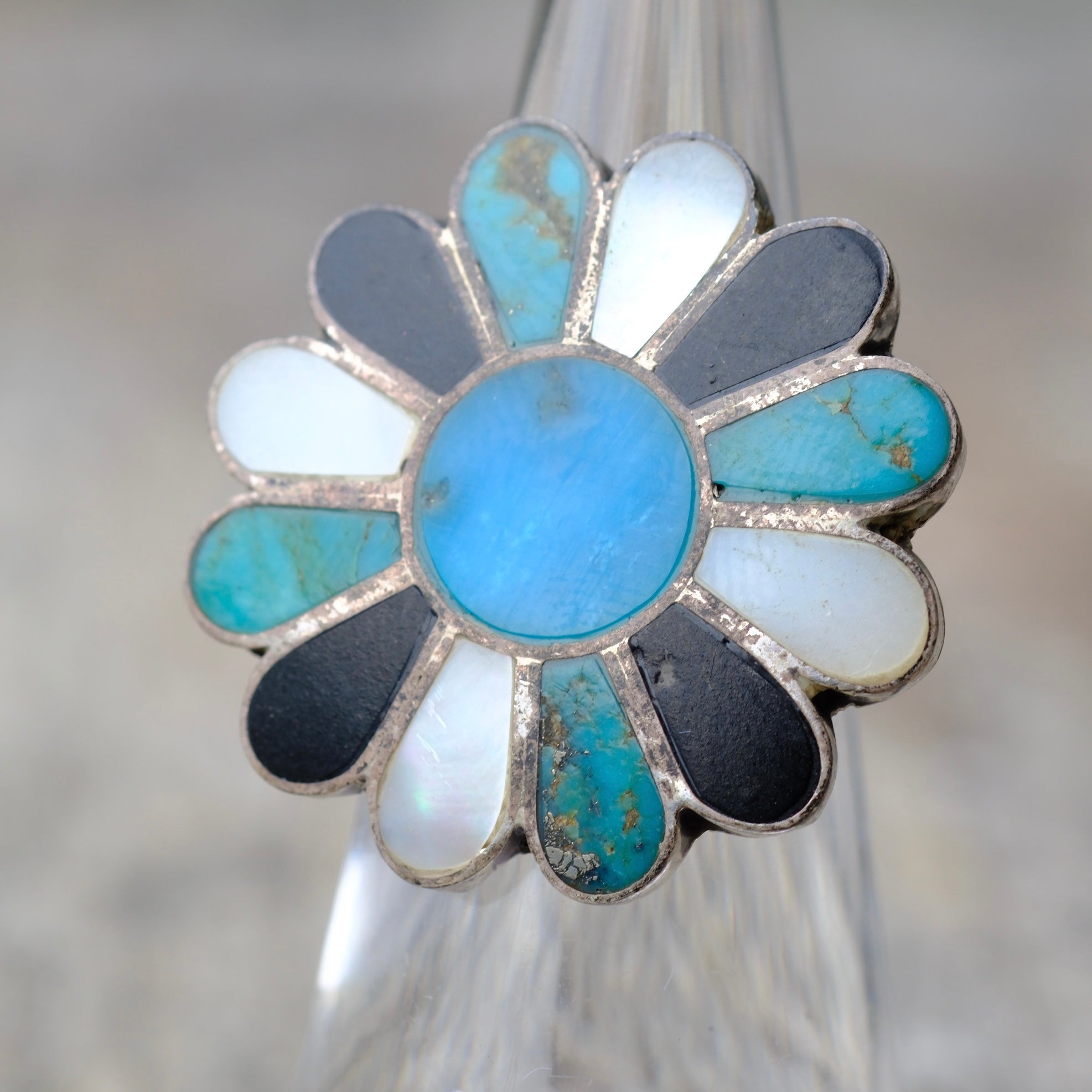 Vintage Sterling Multistone Inlay Flower Ring 4.5