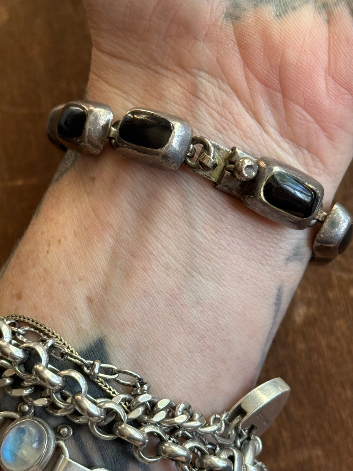 Vintage Sterling Silver 7” Onyx Inlay Chunk Square Link Bracelet