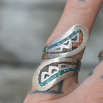 Vintage Sterling Turquoise and Coral Inlay Overpass Ring 5.75