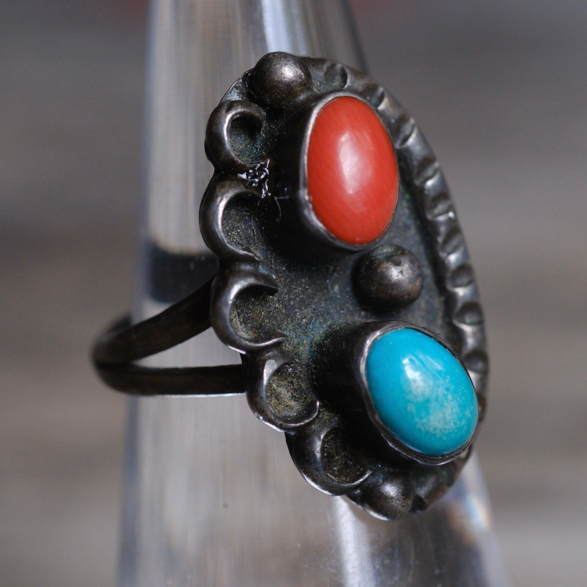 Vintage Sterling Turquoise and Coral Feather Ring 4.75