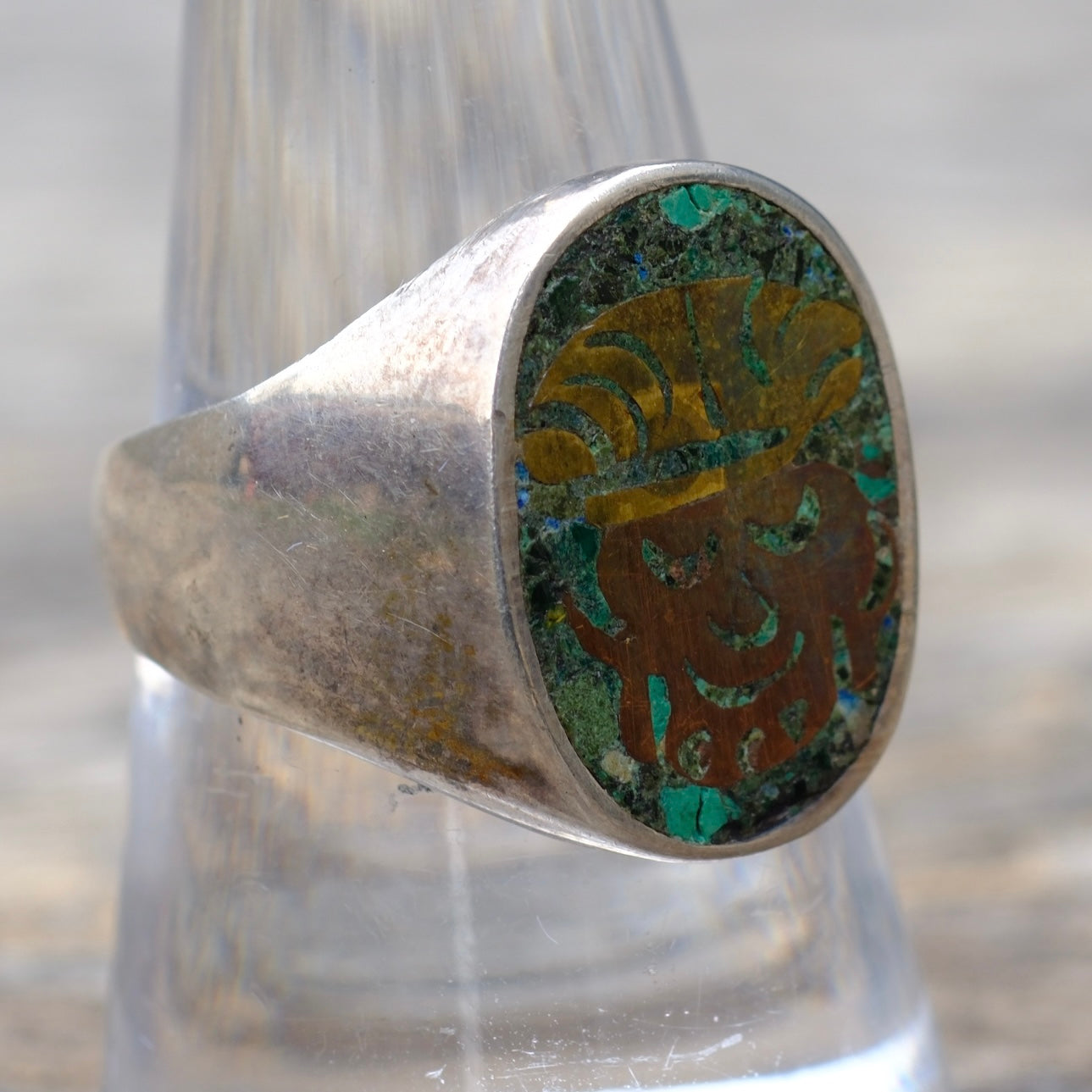 Vintage Sterling Turquoise Inlay Taxco Ring 8.75