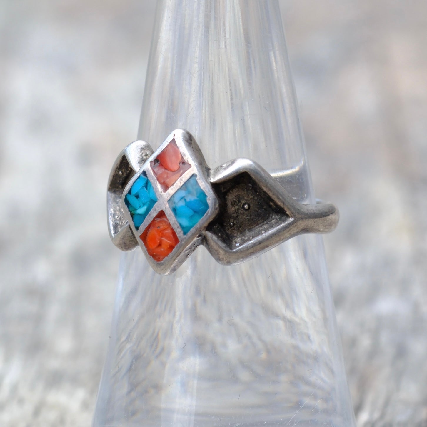 Vintage Sterling Silver Crushed Turquoise & Coral Inlay Diamond Ring 7