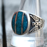 Vintage Sterling Crushed Turquoise Inlay Thunderbird Ring 11.5