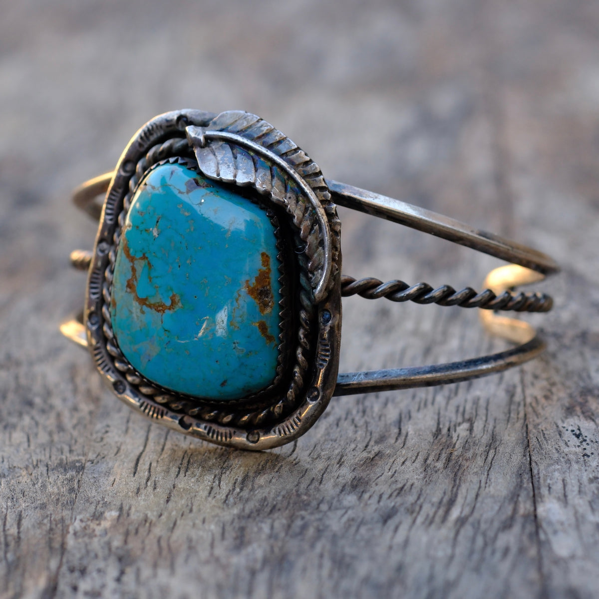 Vintage Sterling Turquoise Feather Cuff