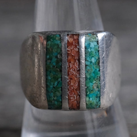 Vintage Sterling Crushed Turquoise and Coral Inlay Ring 9