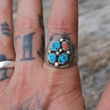 Vintage Sterling Turquoise and Coral Cluster Ring 10.75