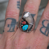 Vintage Sterling Turquoise and Coral Claw Ring 10.5