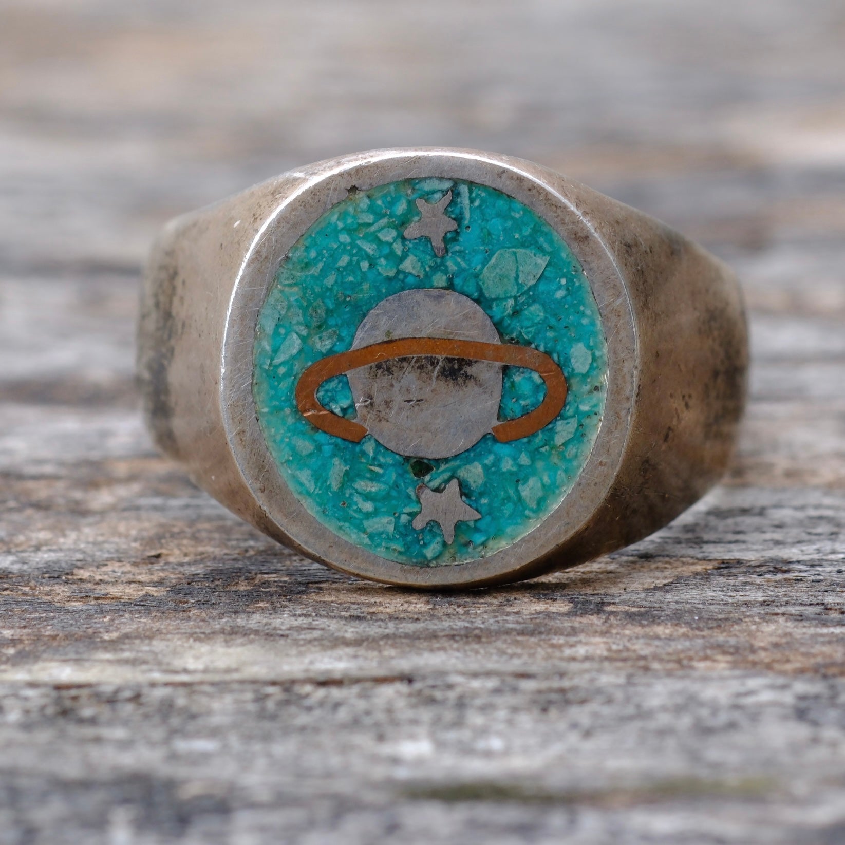 Vintage Sterling Turquoise Saturn Ring 13.5