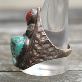 Vintage Sterling Turquoise and Coral Feather Ring 11.75
