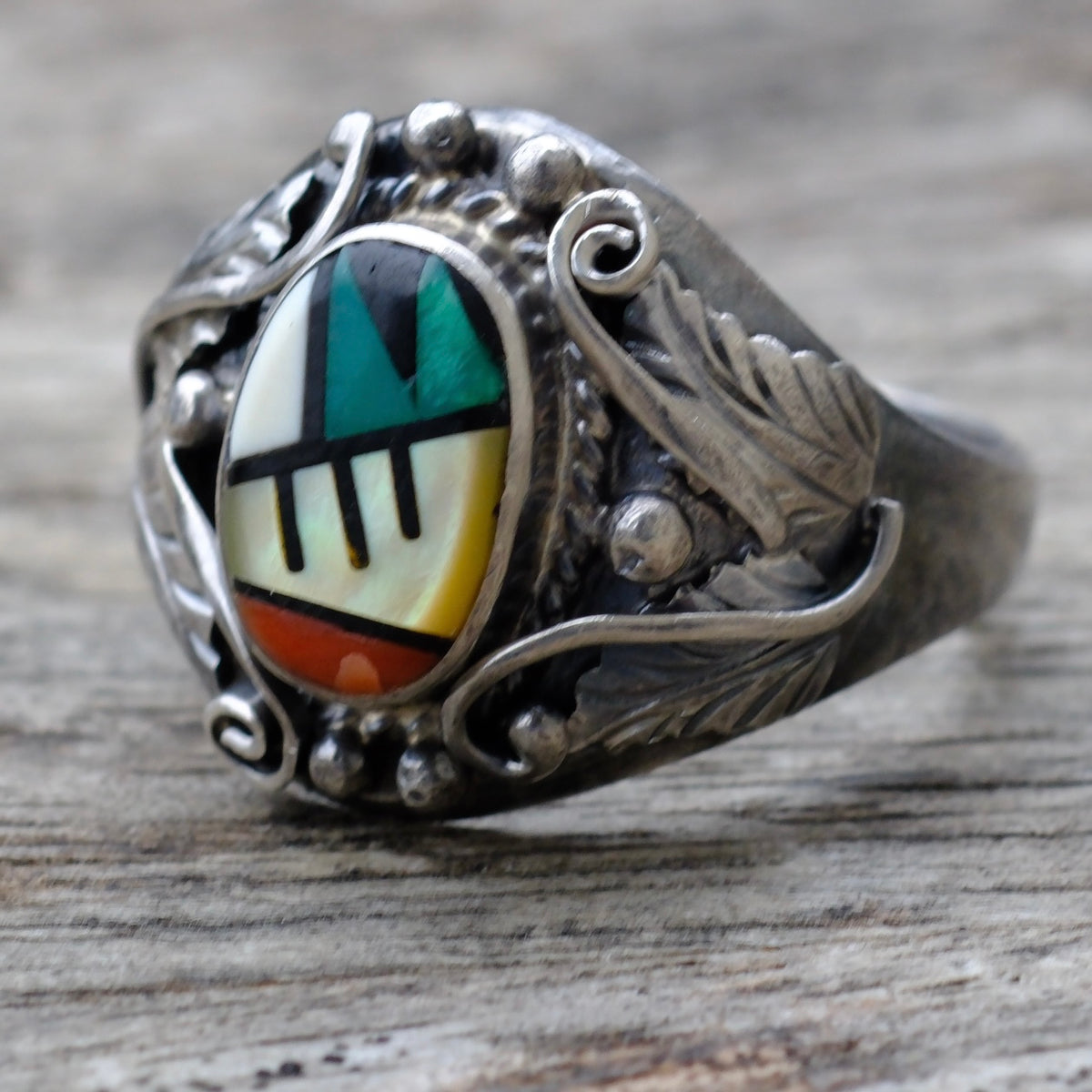 Vintage Sterling Zuni Inlay Ring 11.5