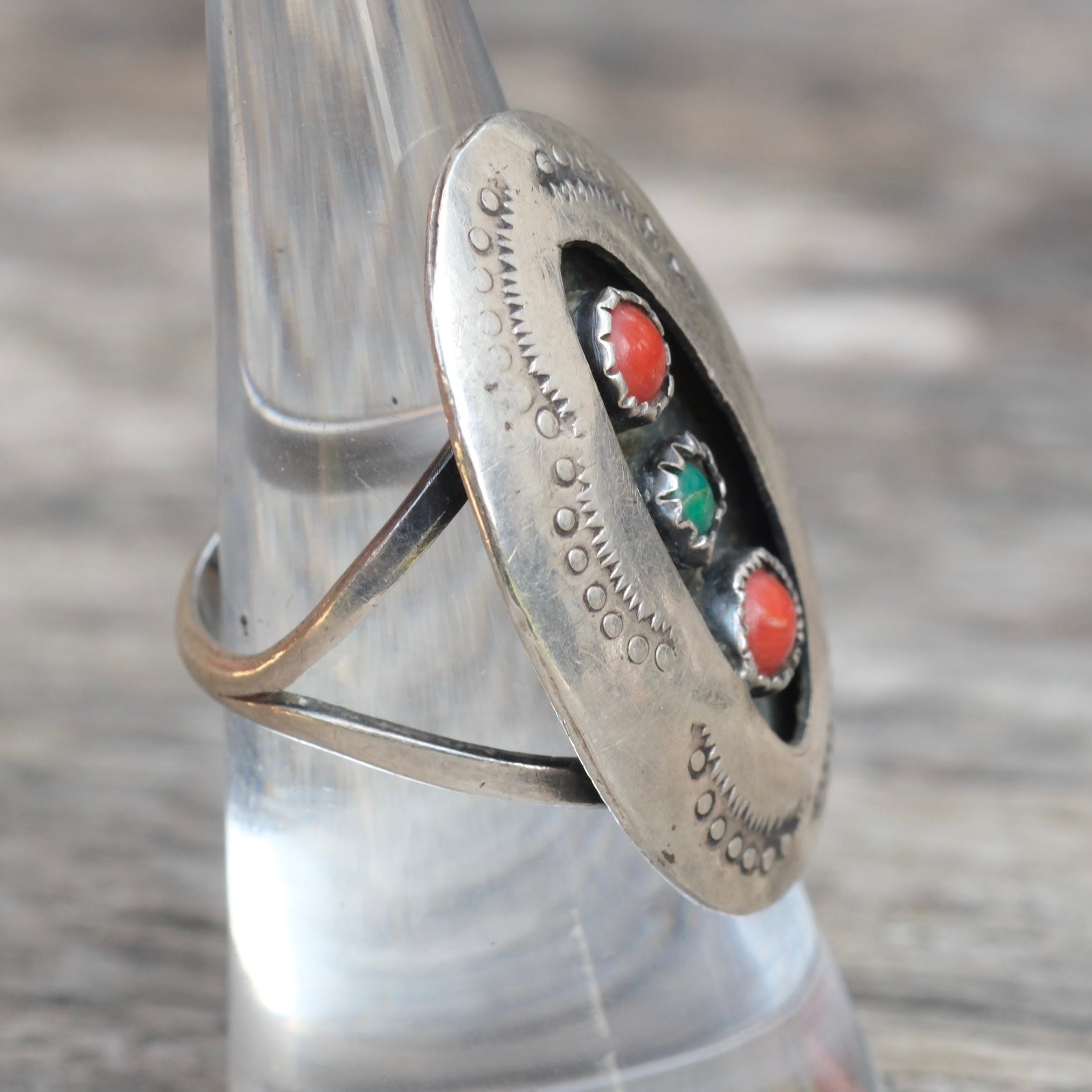 Vintage Sterling Coral and Turquoise Stamped Shadowbox Ring 6.5