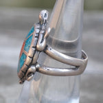 Vintage Sterling Turquoise and Coral Turtle Ring 5