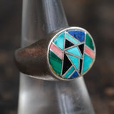 Vintage Sterling Multi Inlay Mosaic Ring 7.75