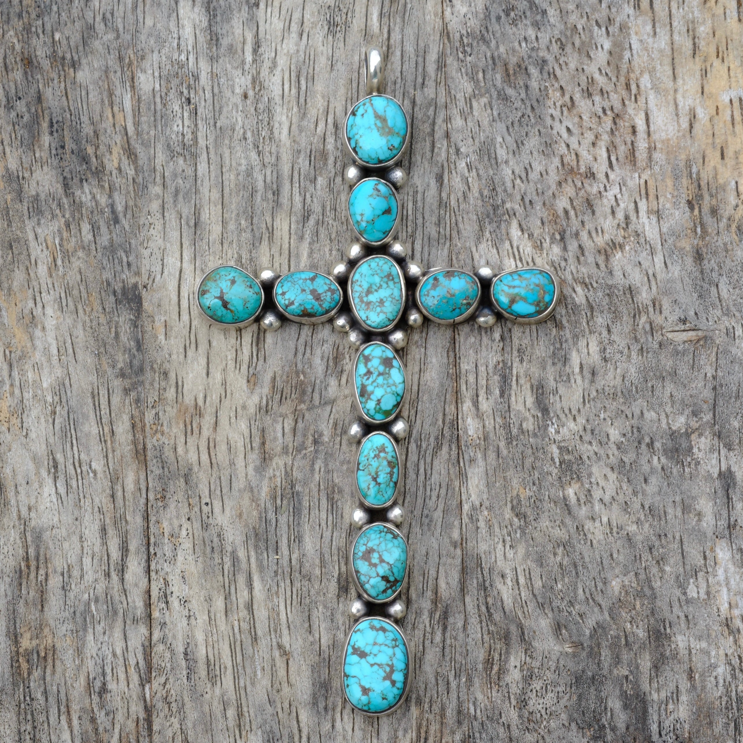HUGE Vintage Sterling Turquoise Cluster Cross Pendant
