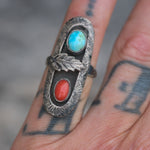 Vintage Sterling Turquoise and Coral Feather Ring 4