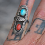 Vintage Sterling Turquoise and Coral Feather Ring 4