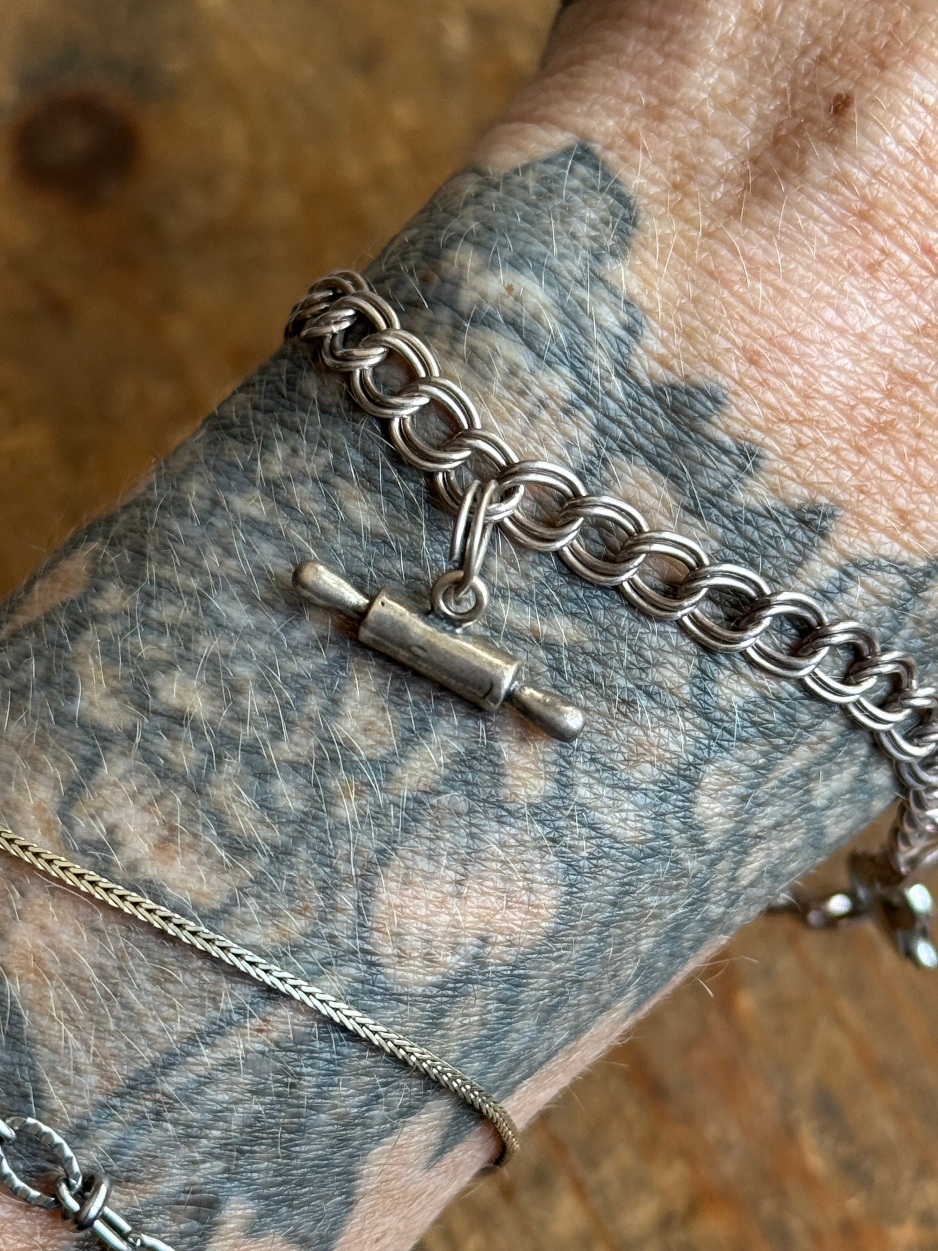 Vintage Sterling Silver 8” Double Link Chain Charm Bracelet